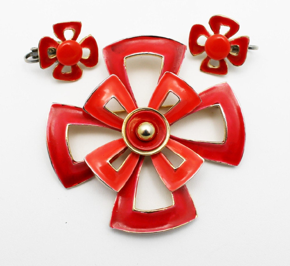 Vintage Vendome Red Enamel Brooch and Earrings Signed