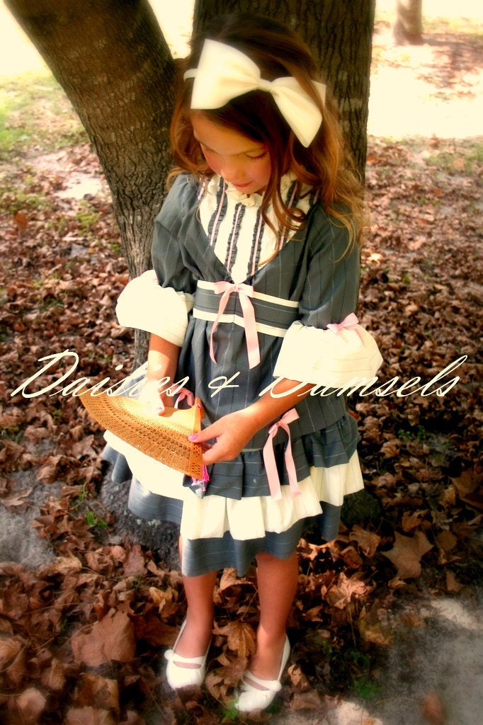 Girls gray, pink, off white cream outfit, dress, custom made, vintage inspired size 6 mo-1,2,3,4,5,6,7,8,9,10