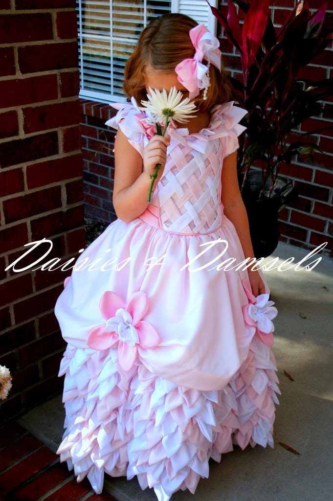 Flower girl dress, Custom made pink white cascading petals ,pageant dress gown all sizes 1,2,3,4,5,6,7,8,9,10,
