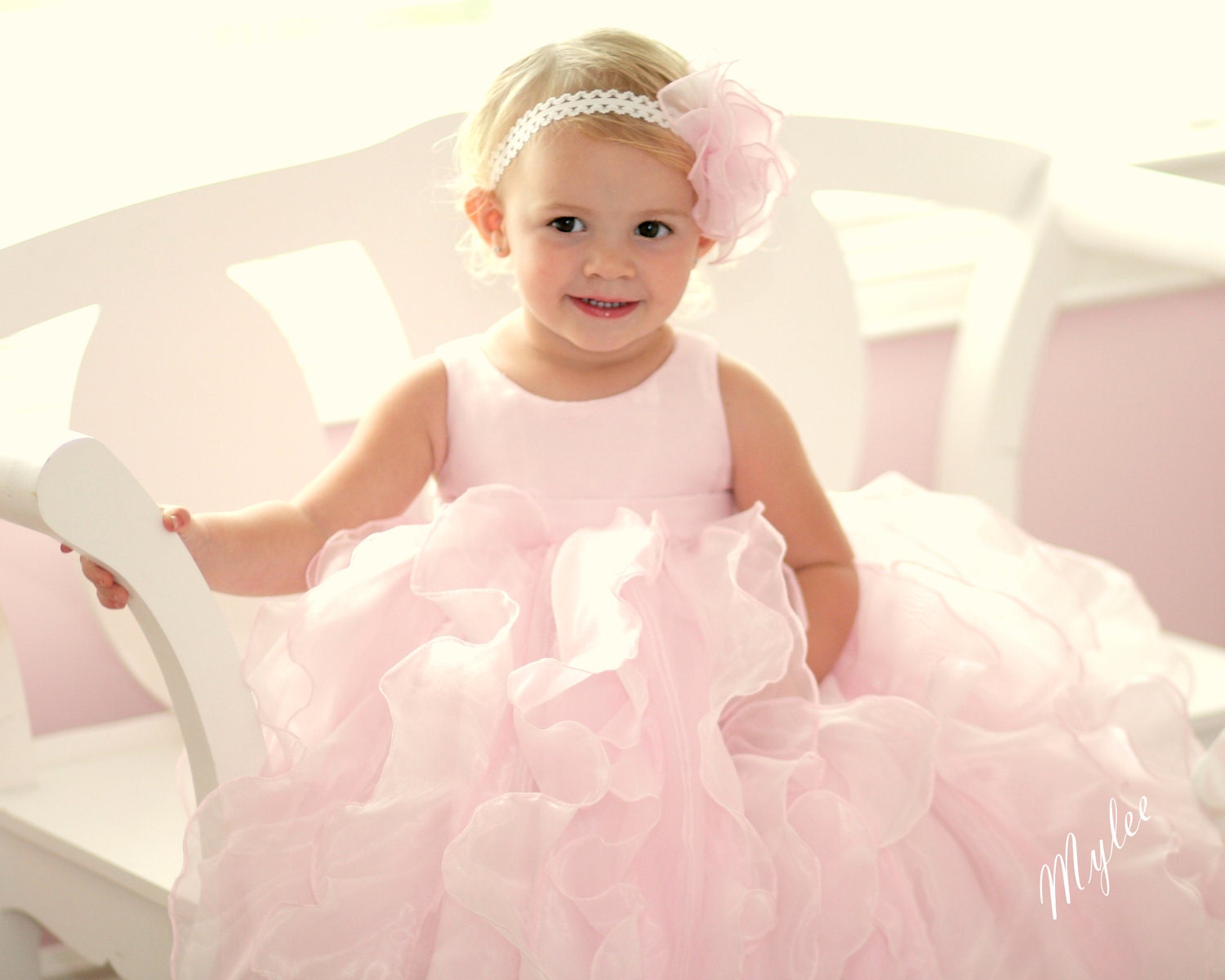 Pale pink satin, organza flower girl dress, cascading vertical ruffles baby, toddler & girl sizes