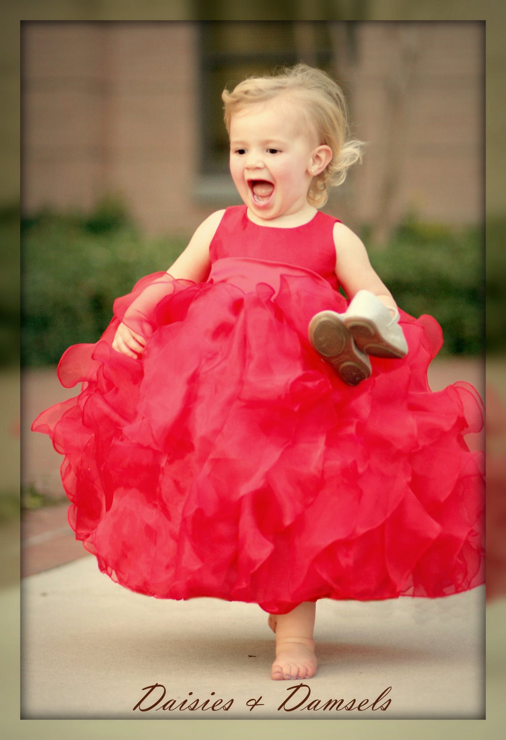 Red flower girls dress, tea-length, lots of ruffles, perfect for Christmas, Valentines, or weddings