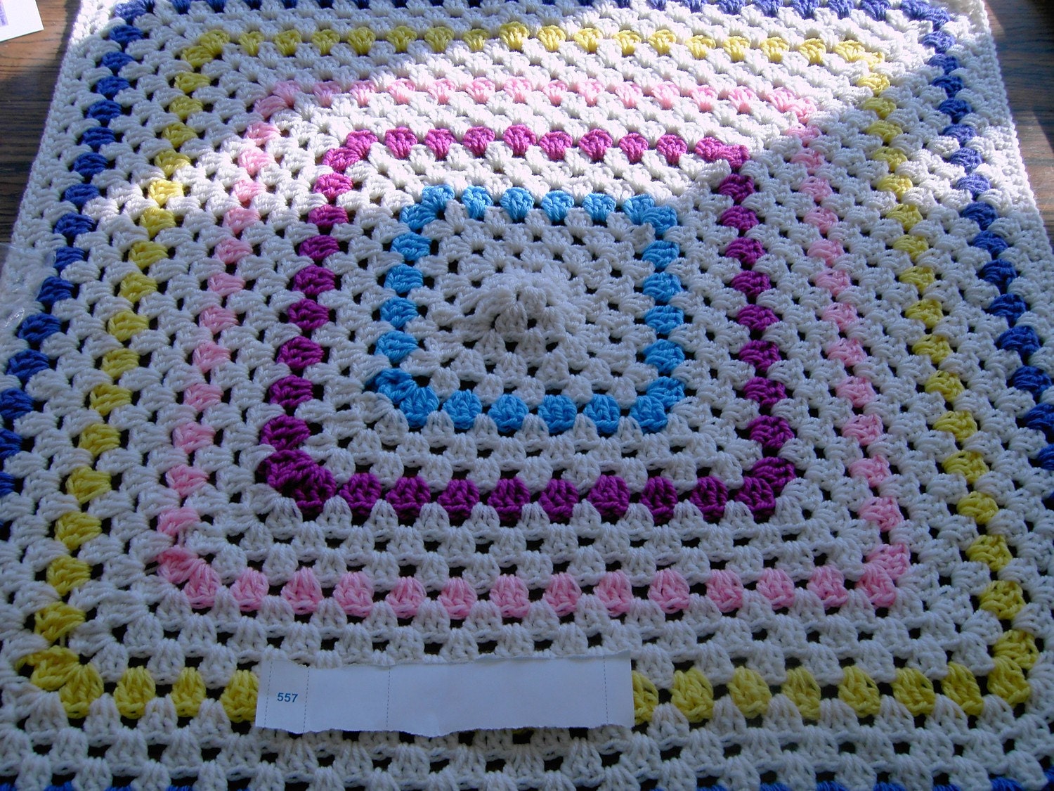 Crochet Blanket - Large Chunky Square style blanket with with pinks/blue/lavender/yellow/ivory    ID 806 (  557)