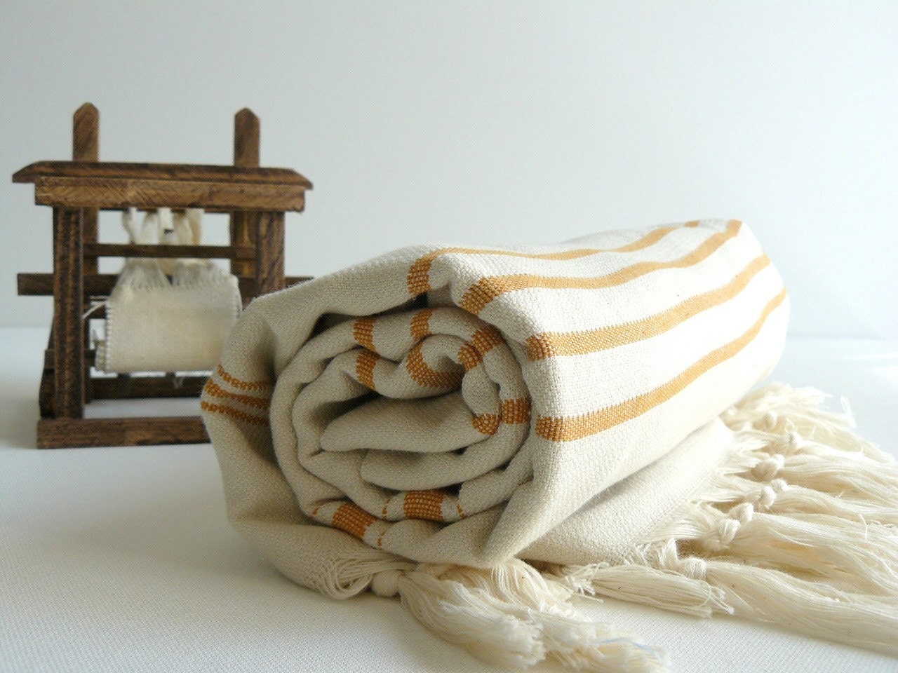 Turkish BaTh ToWel - Cotton Peshtemal  - Handwoven soft touch - Ivory - Orange Stripes - Aegean style
