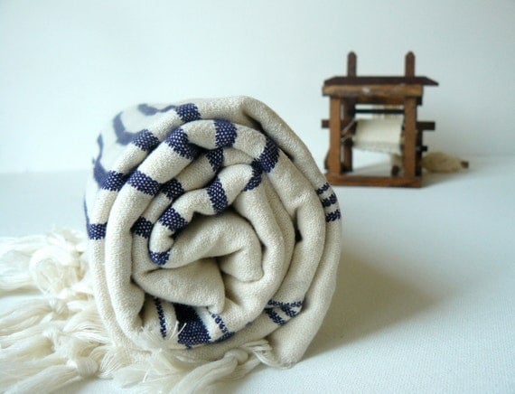 Handwoven Turkish BaTh ToWel - AeGean Soft Peshtemal - Ivory - Dark Blue Stripes