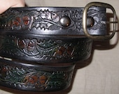Handmade Leather Belt, Acorns and Leaves, Black and Green, USA Made