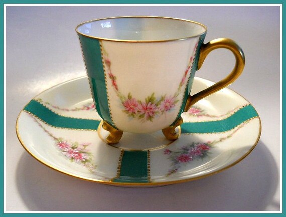 LIMOGES Cabinet Cup & Saucer Hand Painted French Porcelain Roses