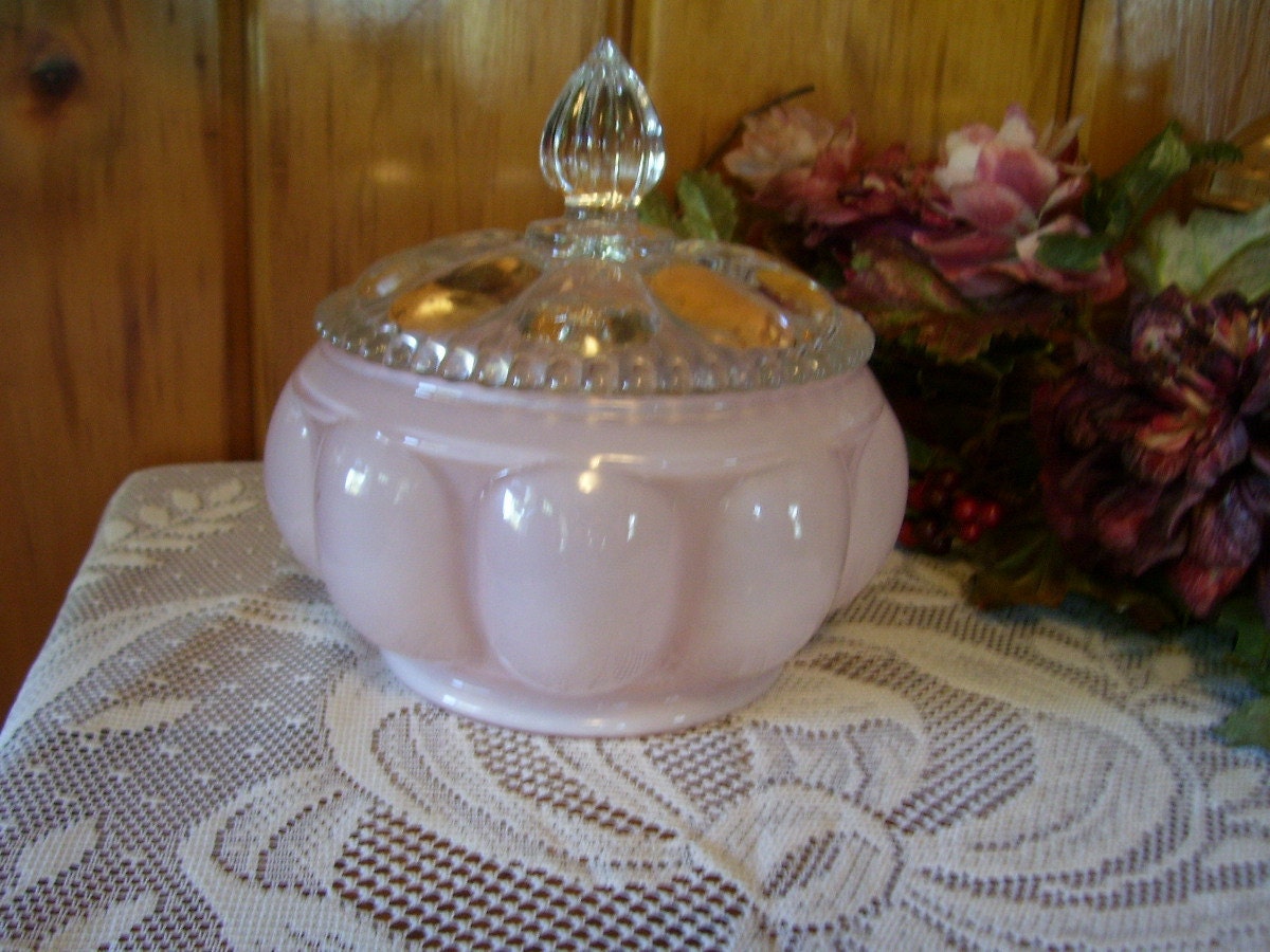 Fabulous Fenton Pink Opaque Glass Melon Shaped Powder Jar Trinket Jar Vanity Collectible