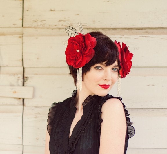 Red Feather Headress with Roses & Silver Pheasant Feathers - ROSE RED