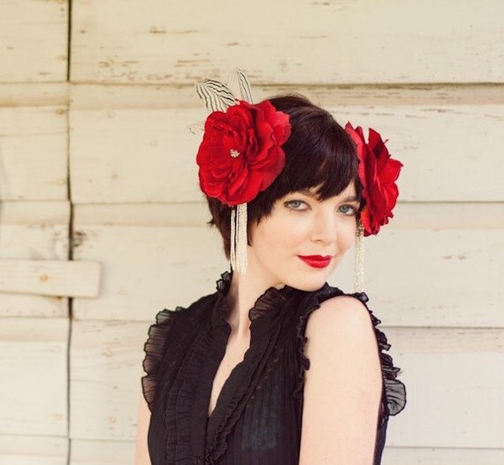 Red Feather Headress with Roses & Silver Pheasant Feathers - ROSE RED