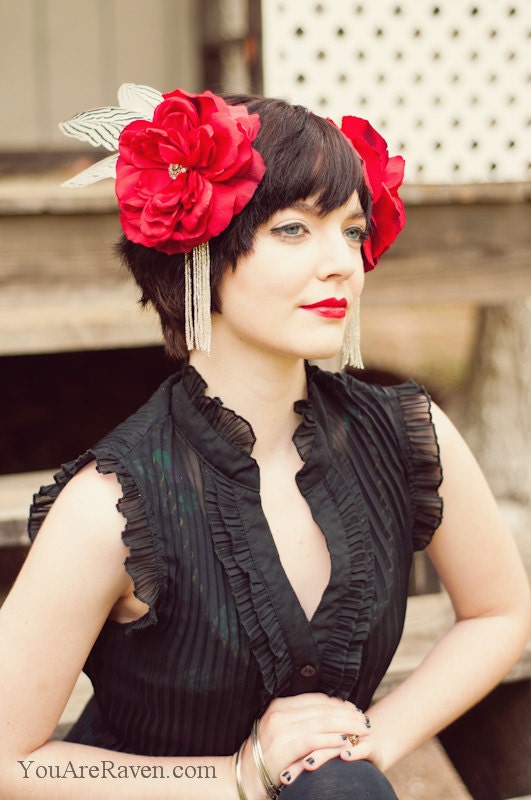 Red Feather Headress with Roses & Silver Pheasant Feathers - ROSE RED