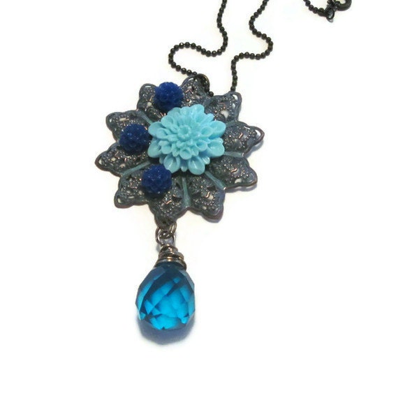 Shabby Chic Resin Flower and Aquamarine quartz on patinaed brass pendant TAGT