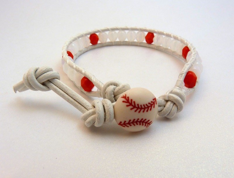Softball Baseball Bracelet - Beaded Leather Wrap Bracelet - Red & White