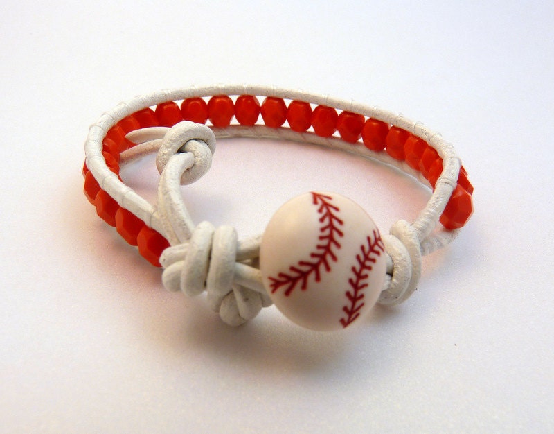 Beaded Leather Wrap Bracelet - BASEBALL or Softball - Red & White