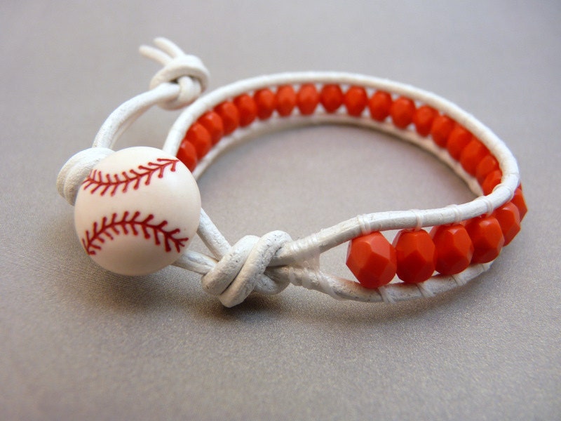 Beaded Leather Wrap Bracelet - BASEBALL or Softball - Red & White