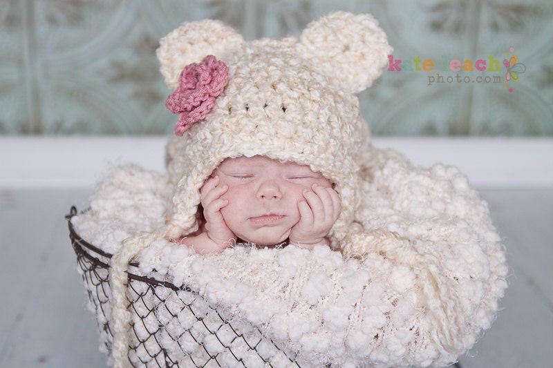 Little Miss Fuzzy Bear Beanie in Ecru and Dusty Pink Available in Newborn to 1 Year- MADE TO ORDER