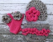 The Emma Beanie in Gray and Hot Pink with Matching Diaper Cover and Leg Warmers Available in Newborn to 12 Months- MADE TO ORDER