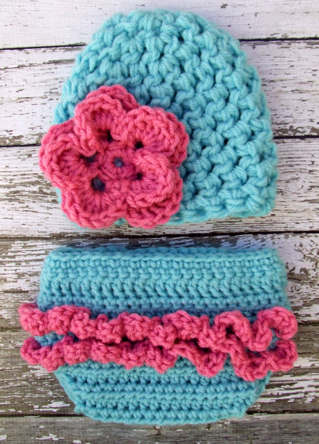 The Emma Beanie in Bright Pink and Teal with Matching Diaper Cover Available in Newborn to 12 Months Size- MADE TO ORDER