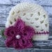 The Sofia Flower Beanie in Dark Rose, Ecru and Olive Green Available in Newborn to Tween Size- MADE TO ORDER