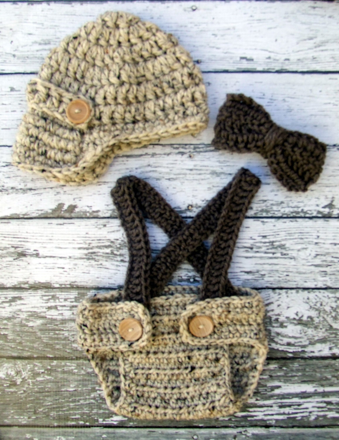 Little Man Suit in Oatmeal and Taupe with Matching Diaper Cover, Suspenders and Bow Tie in 0-3 Months- MADE TO ORDER