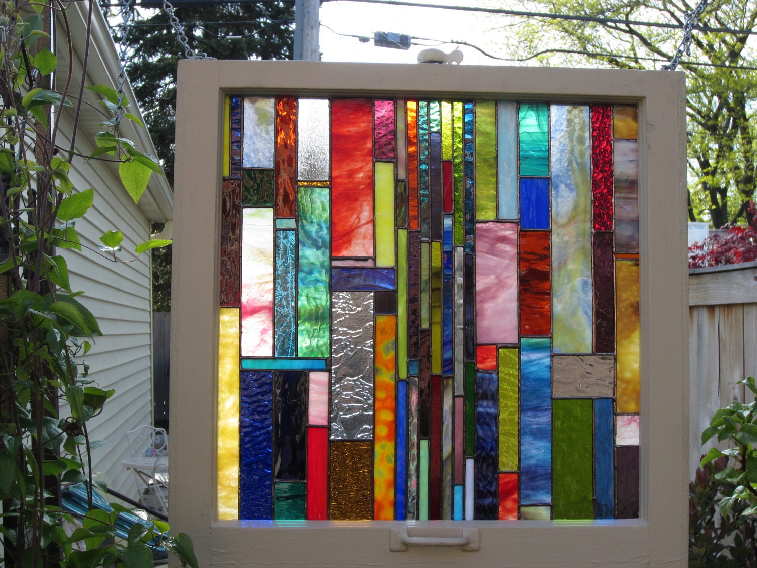 Antique and Repurposed Chicago Bungalow Window with NEW handmade Stained Glass Suncatcher