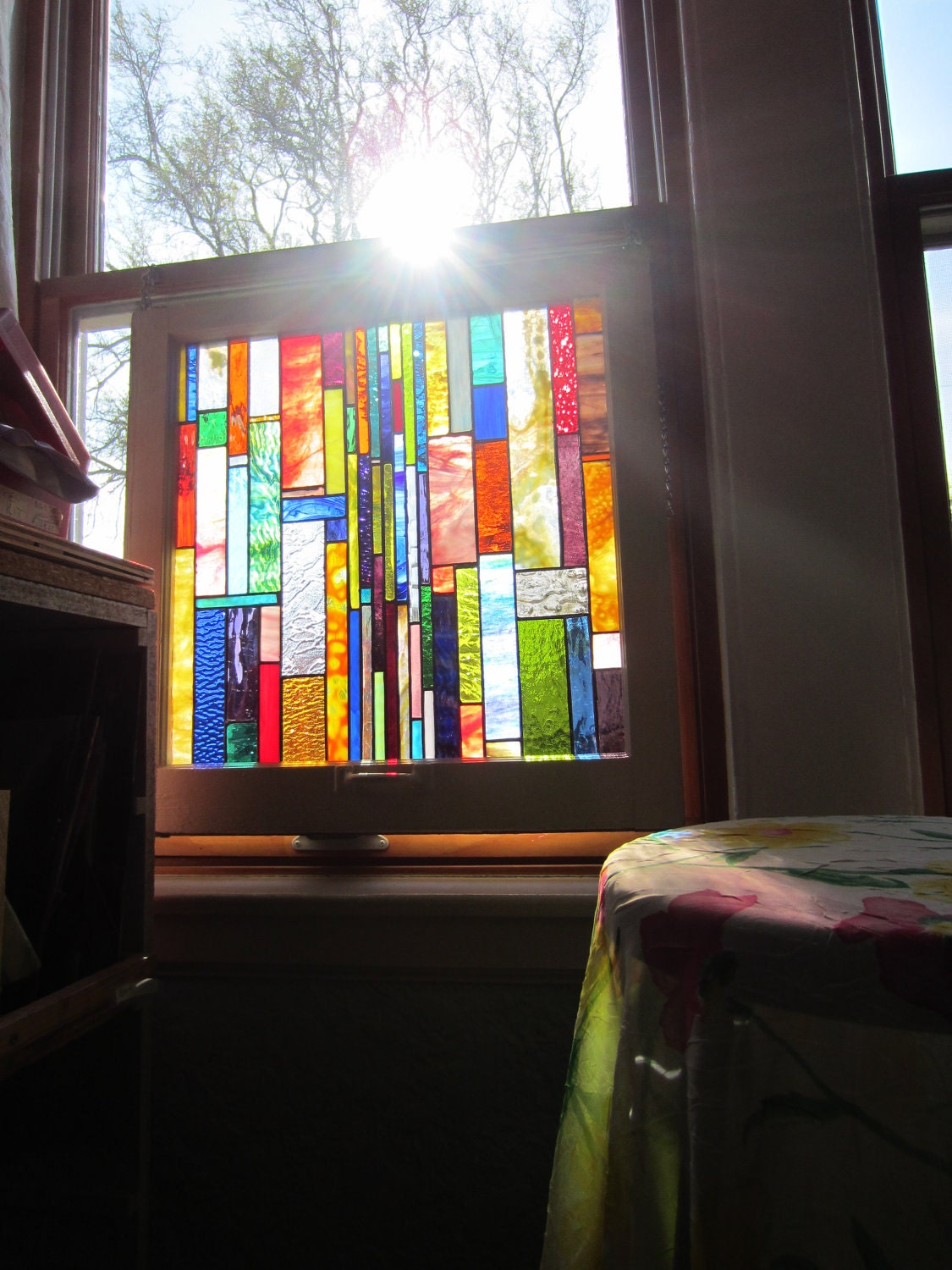 Antique and Repurposed Chicago Bungalow Window with NEW handmade Stained Glass Suncatcher