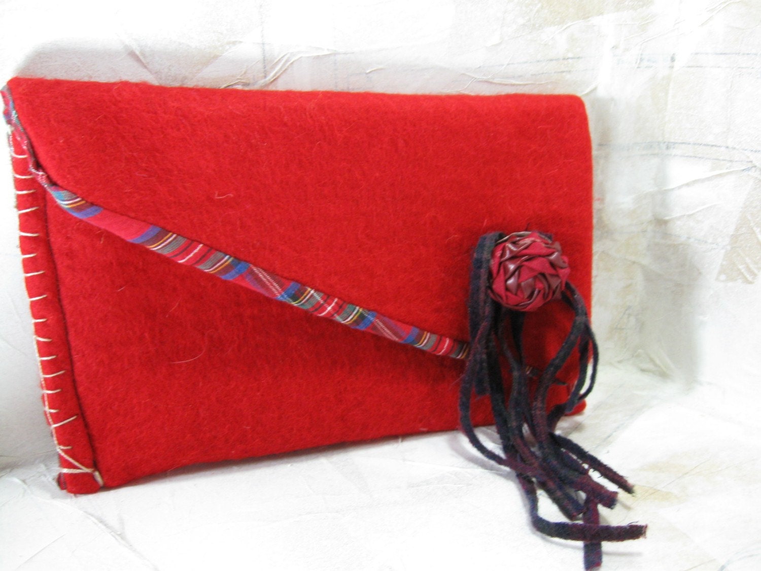 Red Wool Clutch Purse with Plaid Lining