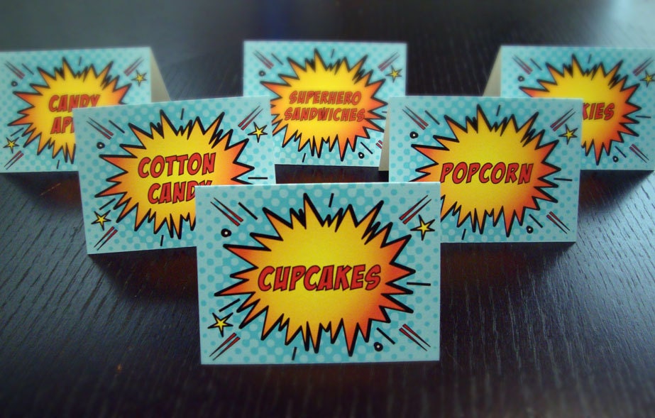 Super Hero Comic Book Food Labels (Set of 7) & cupcake toppers (set of 35)