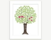 Wedding Gift / Anniversary Present - Family Love Tree with Love Birds (Pink & Green) - Digital Print