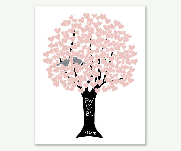 Love Birds Tree Bridal Shower Wedding Gift in Pink Silver Black - Personalized 8x10 Art Print