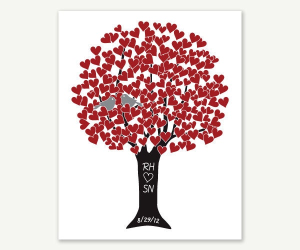 Valentine Heart Tree with Love Birds in Red Silver & Black - Wedding Gift - 8x10 Print Monogram Name Date - Engagement Shower Anniversary - ColorbeeLove