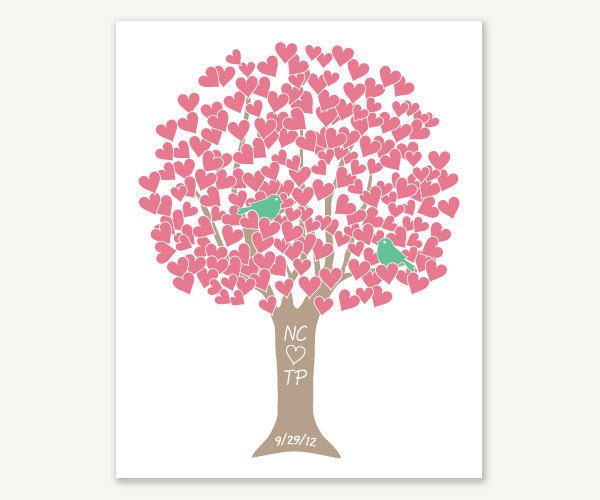 Wedding Gift - Happy Anniversary Tree - Pink Green Taupe - 8x10 Art Print Digital Print Monogram Date - Engagement Shower