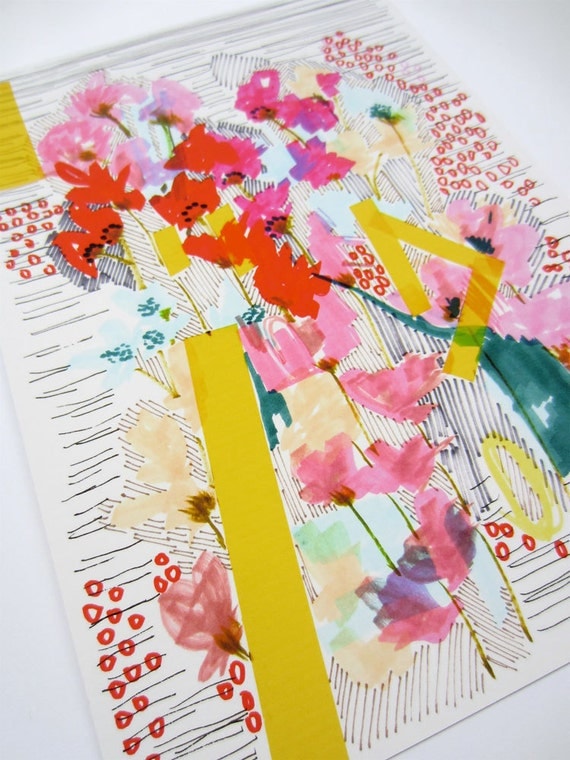 Floral Doodle - Flowers with Yellow Stripes - Archival A4 Print from original illustration