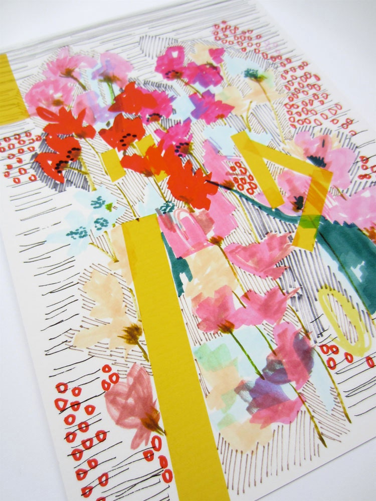 Floral Doodle - Flowers with Yellow Stripes - Archival A4 Print from original illustration