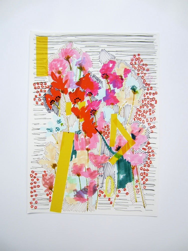 Floral Doodle - Flowers with Yellow Stripes - Archival A4 Print from original illustration