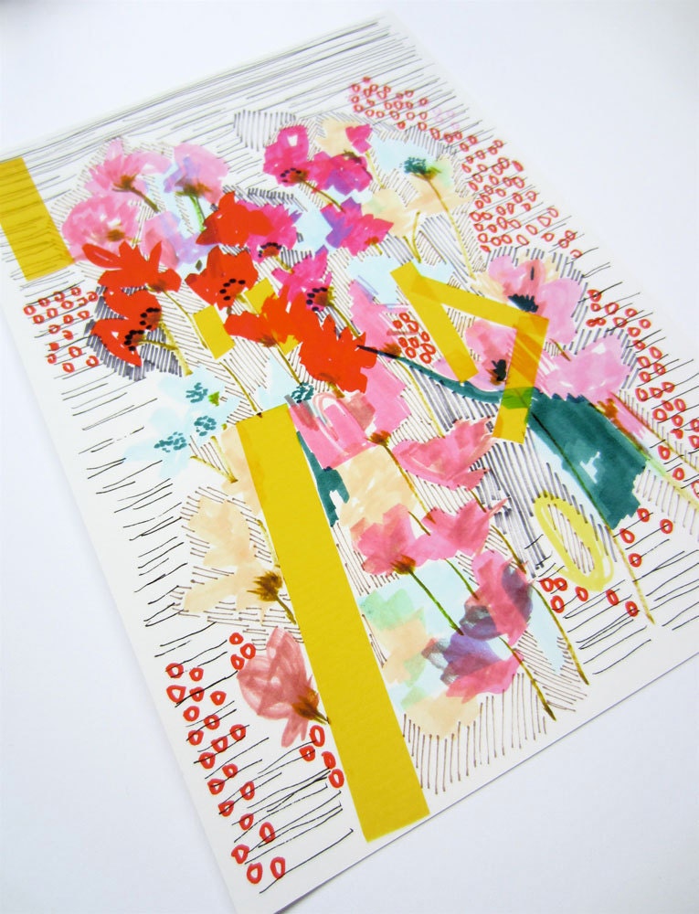 Floral Doodle - Flowers with Yellow Stripes - Archival A4 Print from original illustration