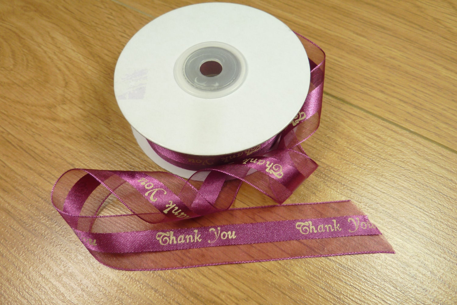 3yds - 7/8'' Burgundy organza and satin ribbon with a  ''Thank You'' print.