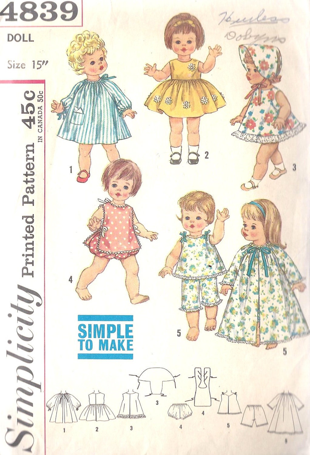1960s15 inch Doll Tiny Chatty Baby Clothing Wardrobe Vintage Sewing Pattern Simplicity 4839