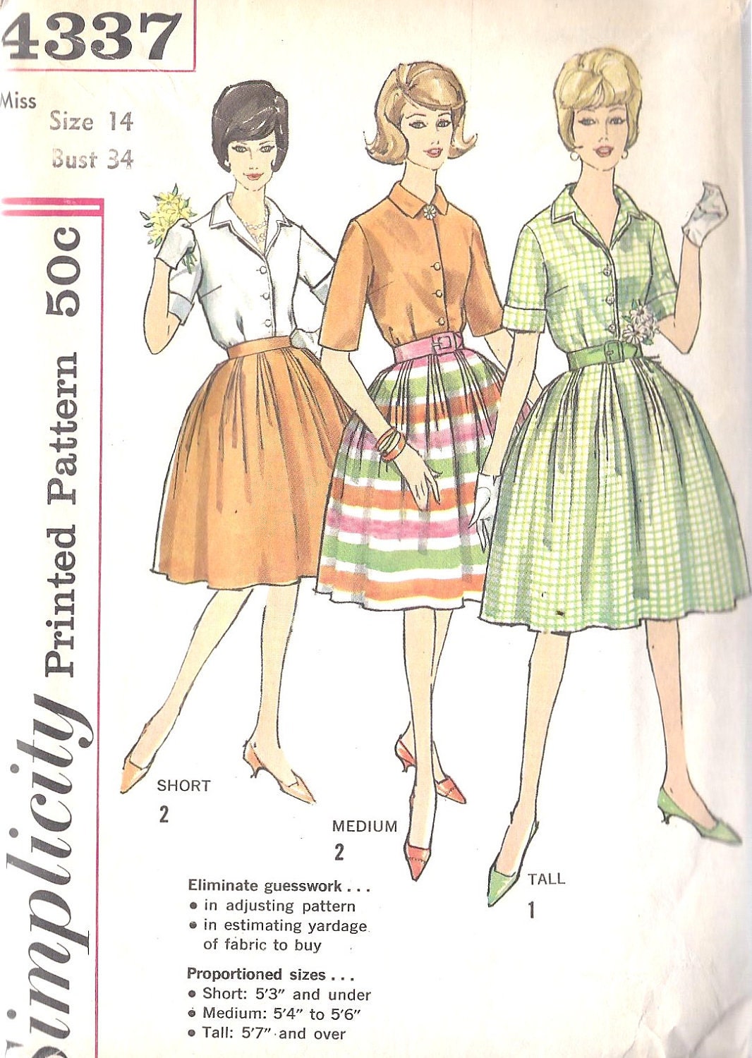 1960s Misses Two Piece Dress Vintage Sewing Pattern, Blouse with Shawl Collar and Soft Pleated Full Skirt Simplicity 4337 Bust 34"