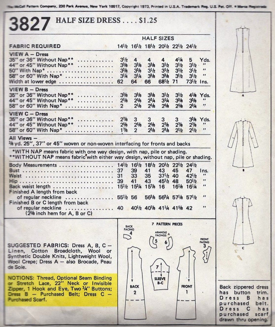 1970s Plus Size Maxi Dress A-Line Short Dress Pattern McCalls 3827 Women Bust 45"