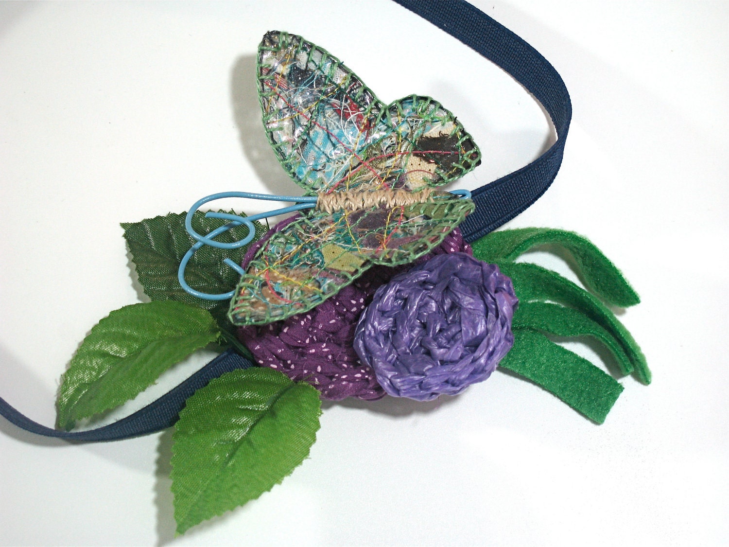 Spring Headband butterfly green leaves blue purple crochet circles flower nature cute hair accessory fabric grass fleece girl woman fairy - TUKON Spring Headband butterfly green leaves blue purple crochet circles flower nature cute hair accessory fabric grass fleece girl woman fairy - TUKON