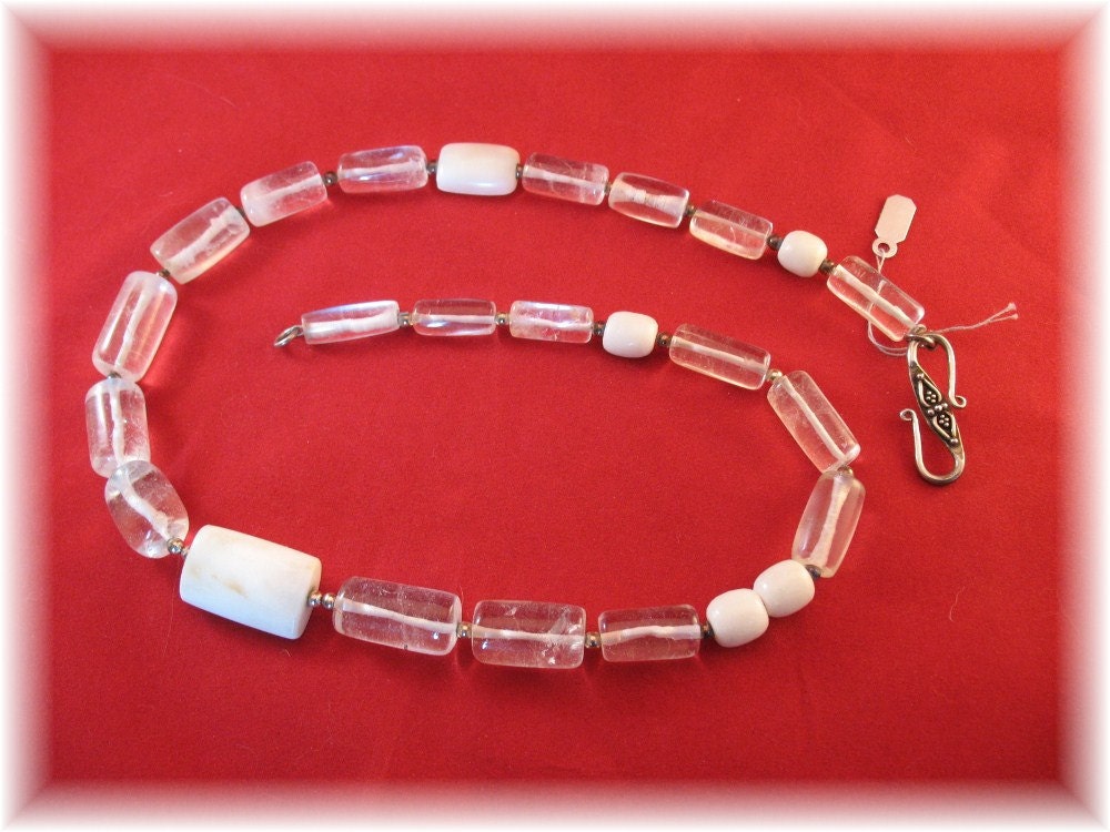 Quartz crystal necklace with white spondylus shell beads
