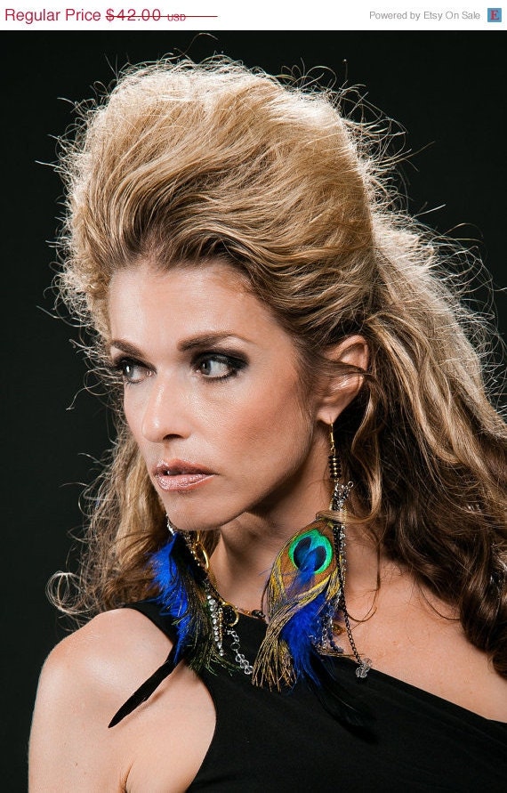 ON SALE Peacock feather earrings with black, gold, silver and rhinestone chain