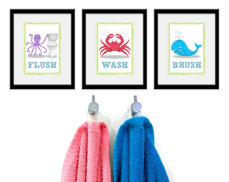 Children's Bathroom Art - Three 8 X 10 Archival Giclee Bathroom Under the Sea Ocean Prints - Kids Wall Art Bathroom Decor
