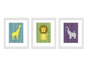 Jungle Safari Children Kids Nursery Room Wall Decor - Retro colors - Three 5 x 7 Archival Giclee Prints