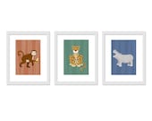 Children Animal Art - 3 print set - Jungle Safari Kids Wall Decor- Retro colors - 8 x 10  Prints