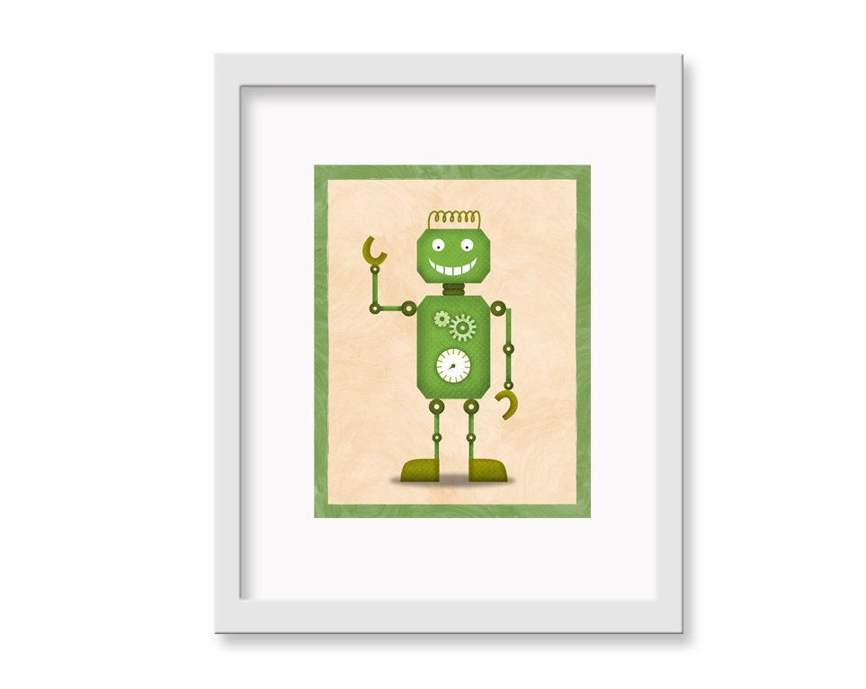 Robot Print "Doug" - 8" x 10" Children's Decor Wall Art Print - Children's Retro Robot Theme Room Decor