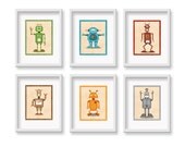 Robot Print - 6 piece robot set - 8" x 10"  - Children's Wall Art Decor Robot Wall Art Print - Children's Retro Robot  Art Theme Room Decor