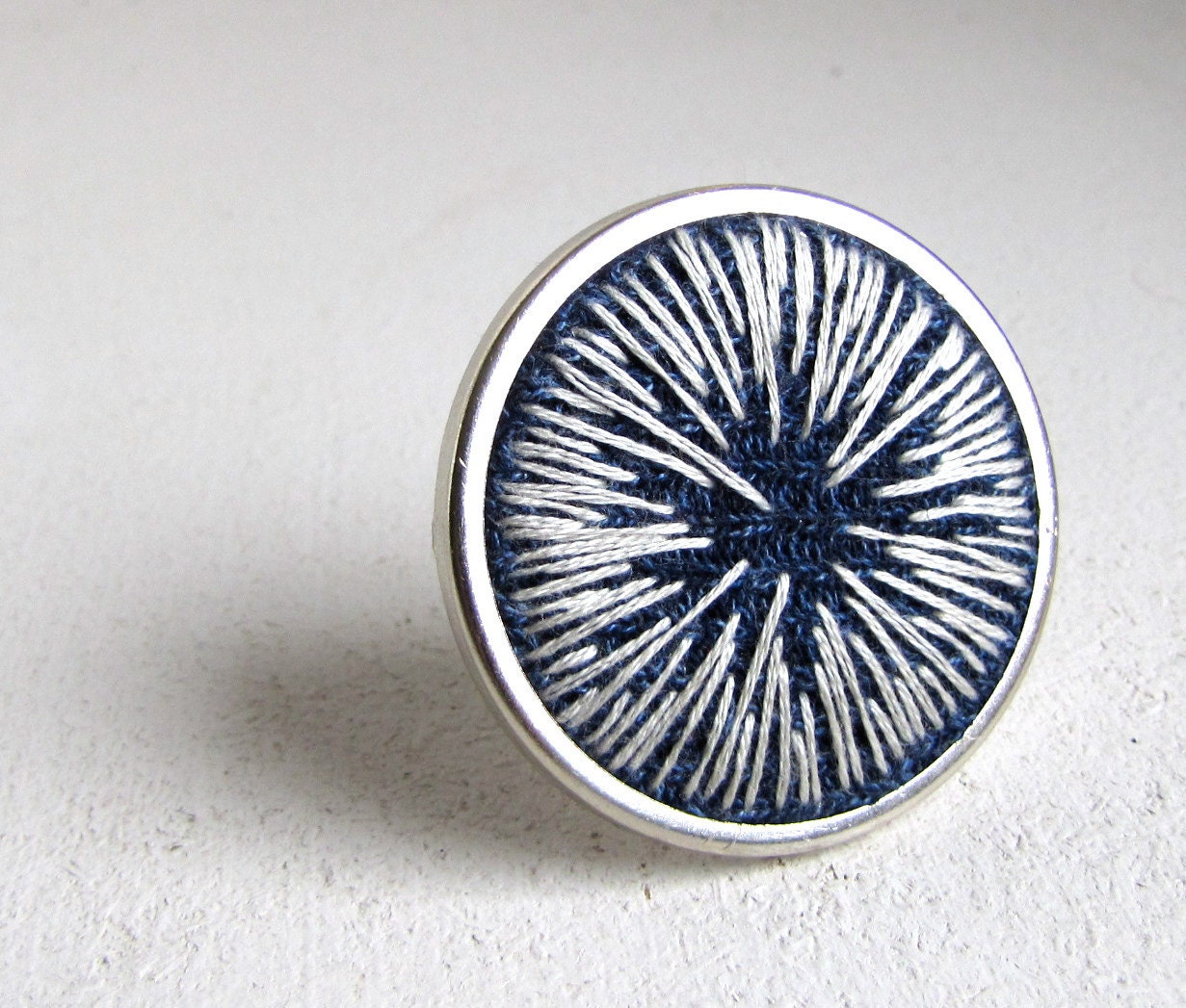 Hyperspace Gradient Brooch Pin - Hand embroidered art - Navy Blue Ecru
