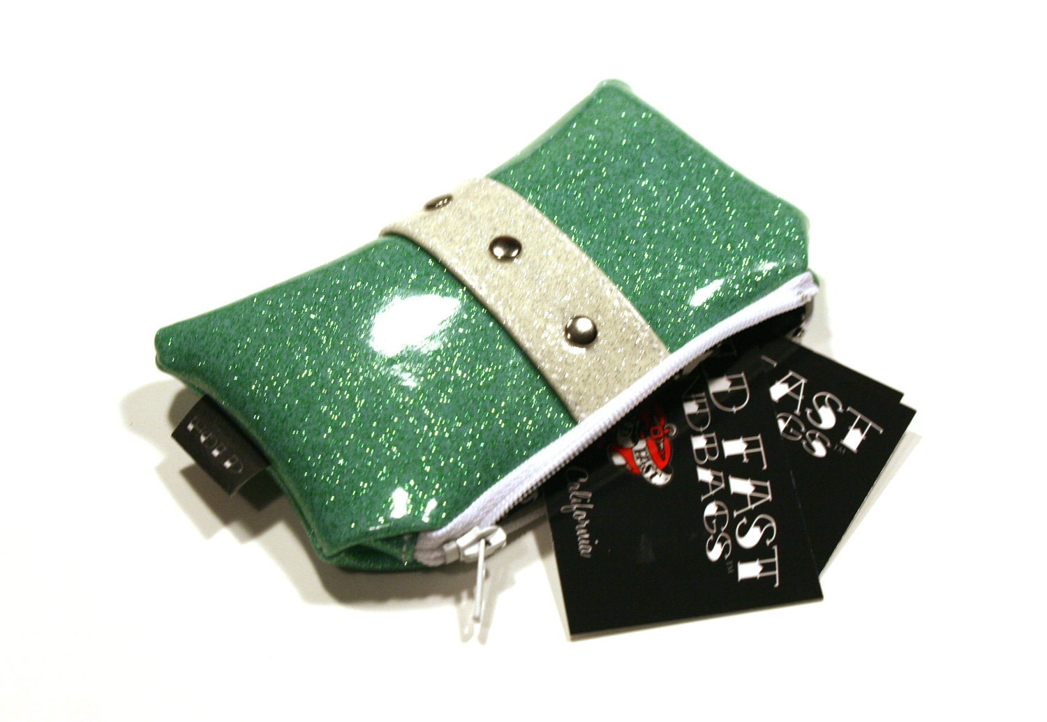 Aqua Sparkle Vinyl Pouch with Your Choice of Contrast Vinyl, Retro Rockabilly Coin Purse, Seafoam, Mint Green - MADE TO ORDER