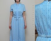 Vintage 70s Carroll Reed AQUA Ascot Pussy BOW Striped Day Dress  -  L / XL